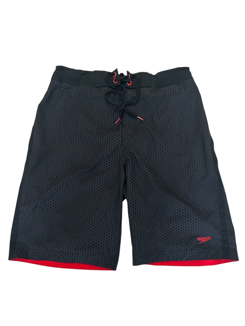 Speedo Swim Trunks Black Hex Pattern Red Accents Mesh Pockets Mens Size Small